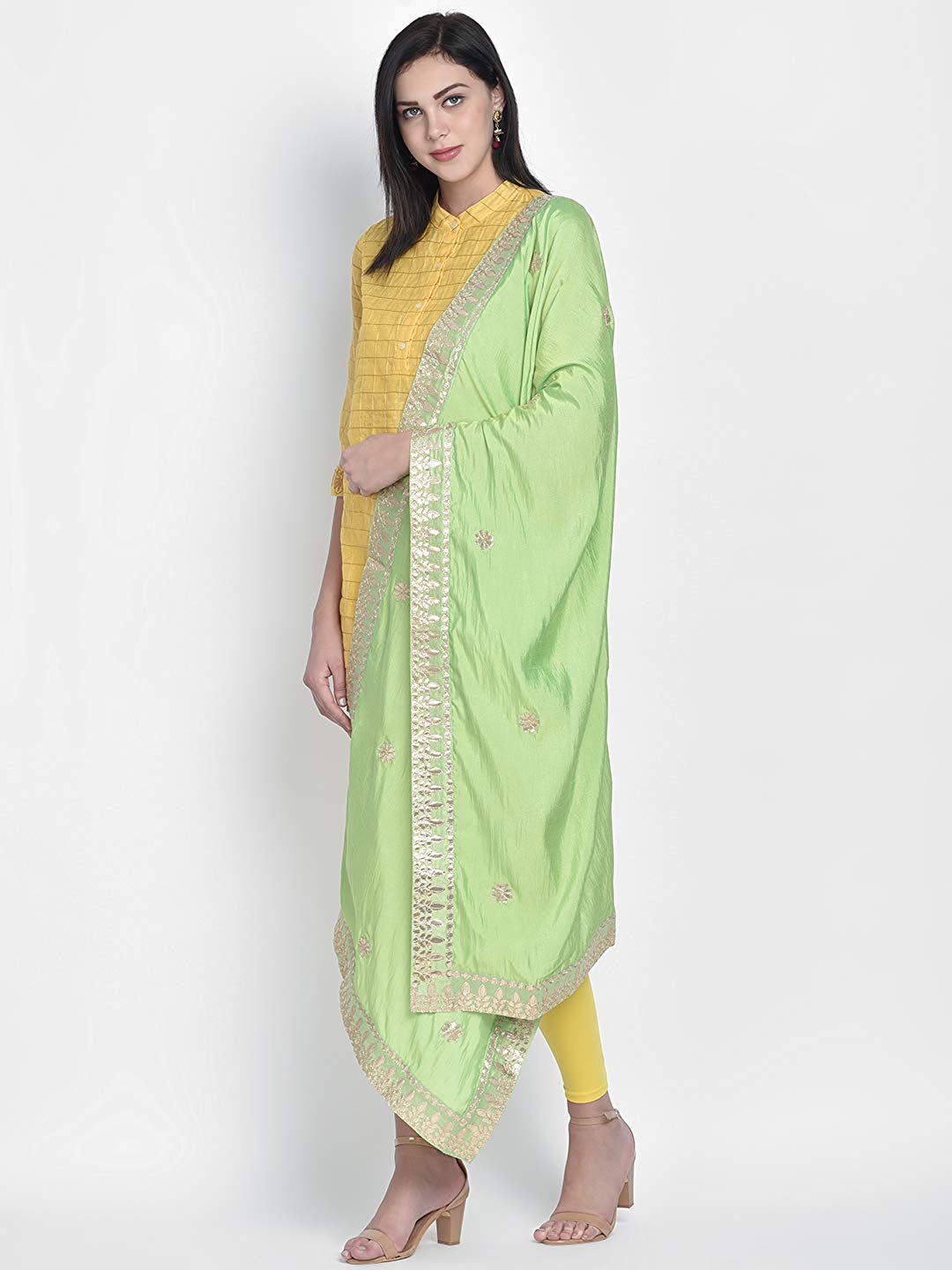Dupatta Bazaar Woman's Lime Green & Gold Silk Dupatta with Gotta Patti Work. - Dupatta Bazaar