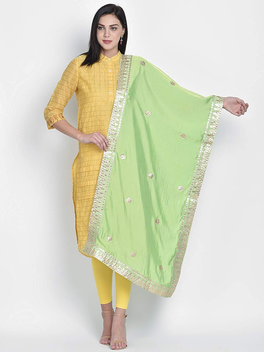 Dupatta Bazaar Woman's Lime Green & Gold Silk Dupatta with Gotta Patti Work. - Dupatta Bazaar