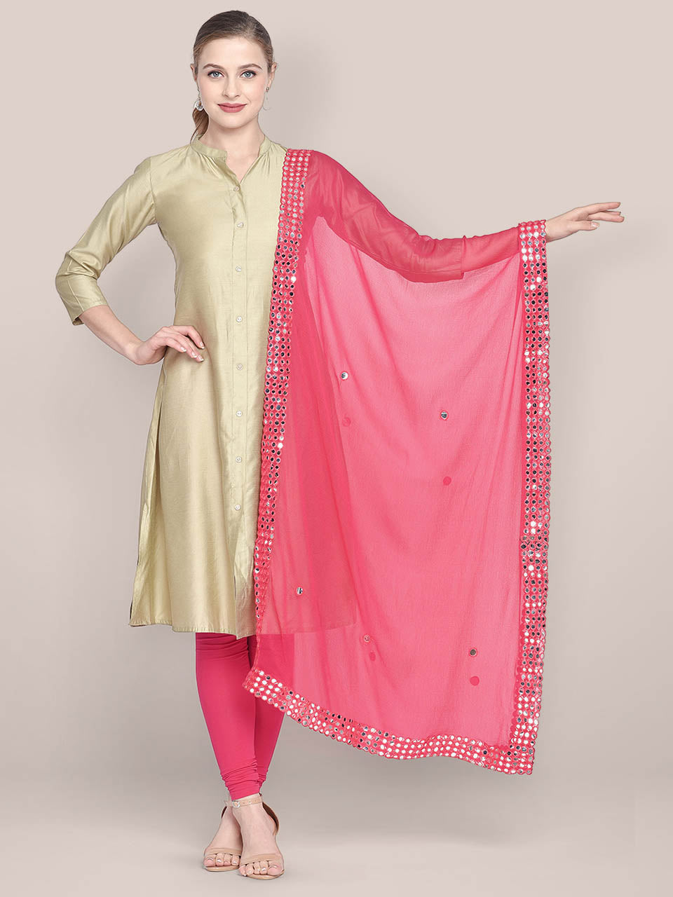 Dupatta Bazaar Woman's Pink Chiffon Dupatta with Mirror Work. freeshipping - Dupatta Bazaar