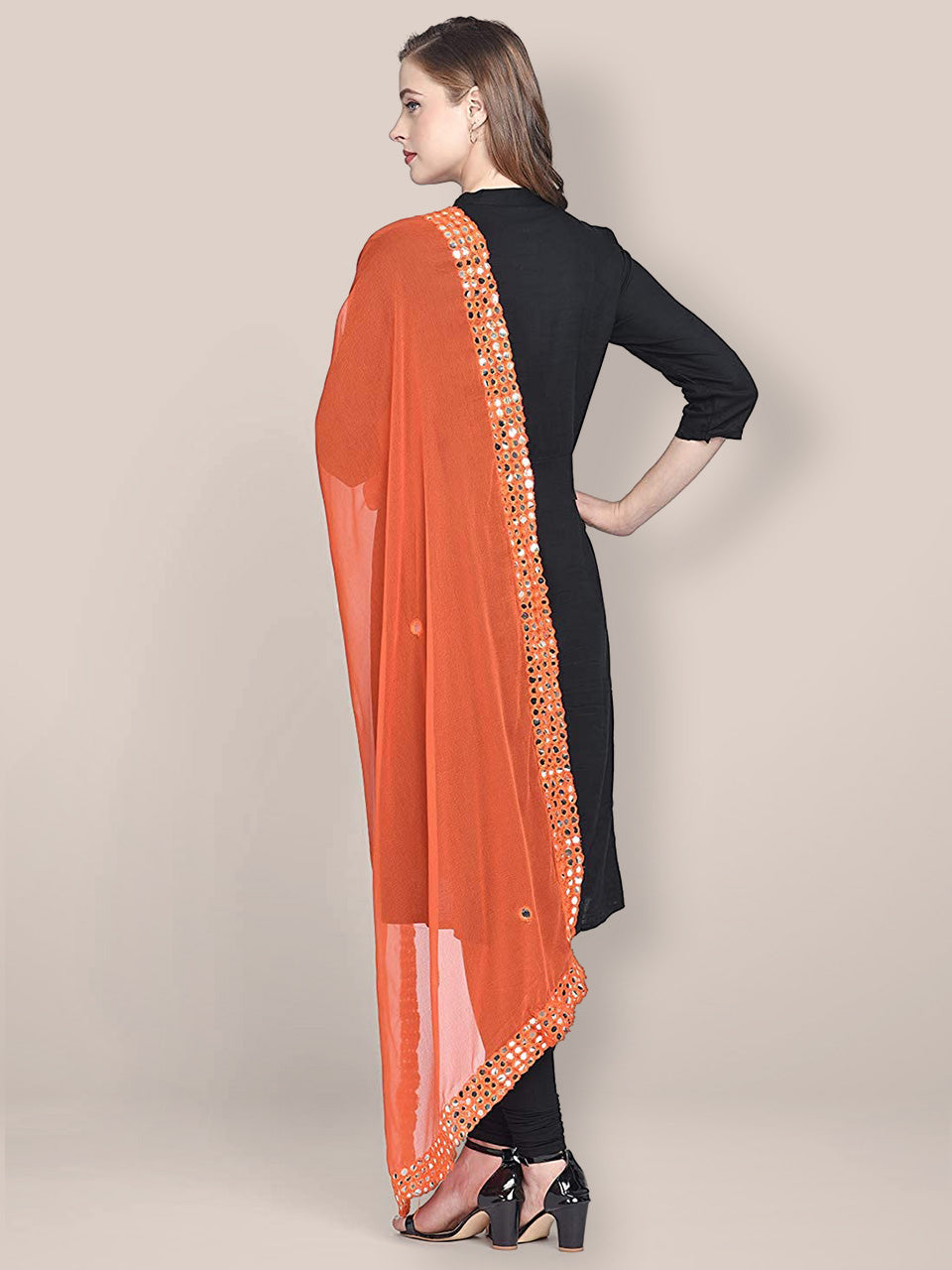 Orange Chiffon Dupatta with Mirror Work. freeshipping - Dupatta Bazaar