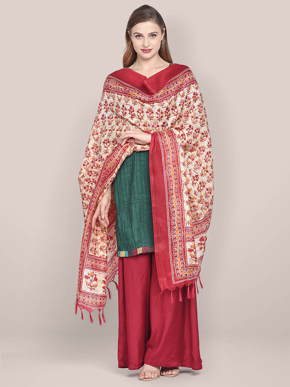 Printed Red & Cream Art Silk Dupatta freeshipping - Dupatta Bazaar