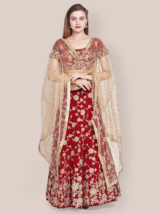 Embroidered Gold Net Dupatta freeshipping - Dupatta Bazaar