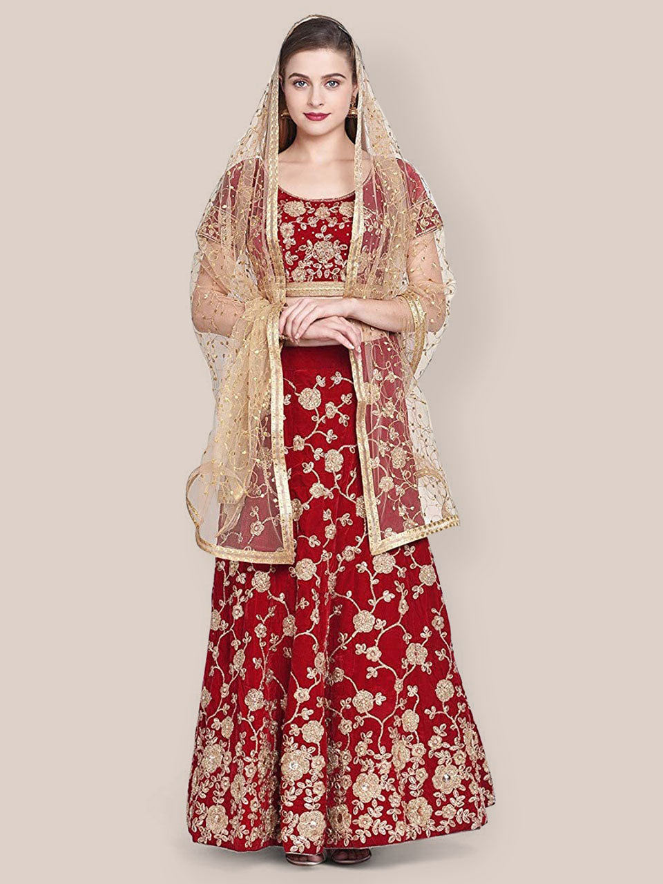 Embroidered Gold Net Dupatta freeshipping - Dupatta Bazaar