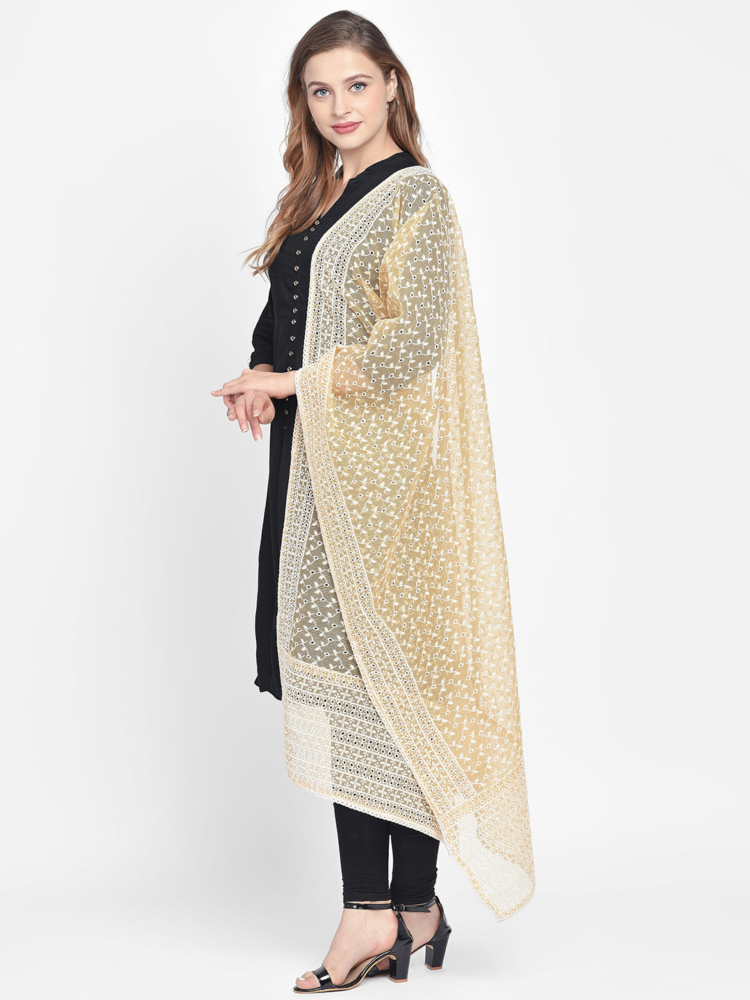 Dupatta Bazaar Woman's Light Yellow Cotton Dupatta With Embroidery all over. - Dupatta Bazaar