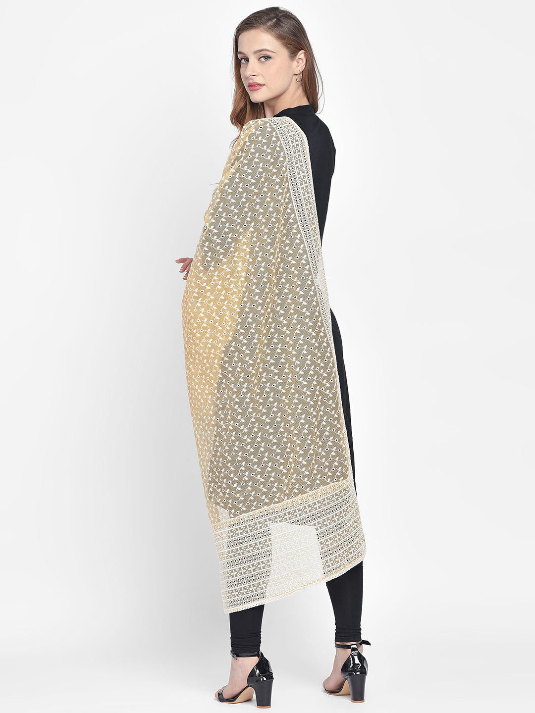 Dupatta Bazaar Woman's Light Yellow Cotton Dupatta With Embroidery all over. - Dupatta Bazaar