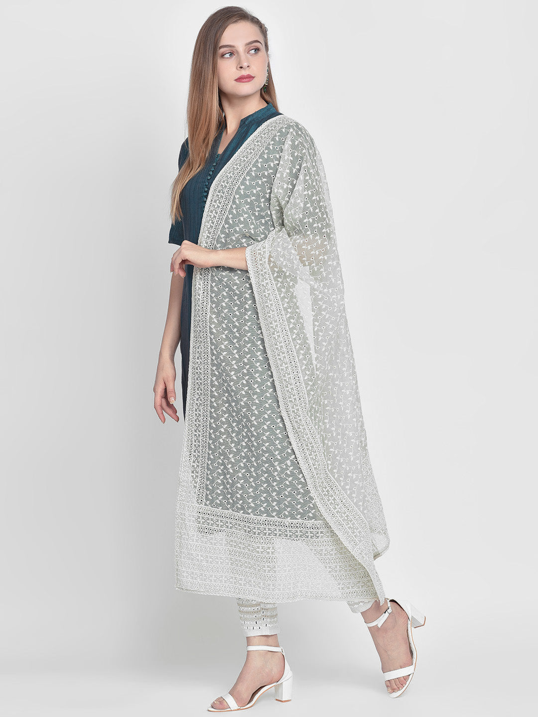 Dupatta Bazaar Woman's Light Green Cotton Dupatta With Embroidery all over. - Dupatta Bazaar