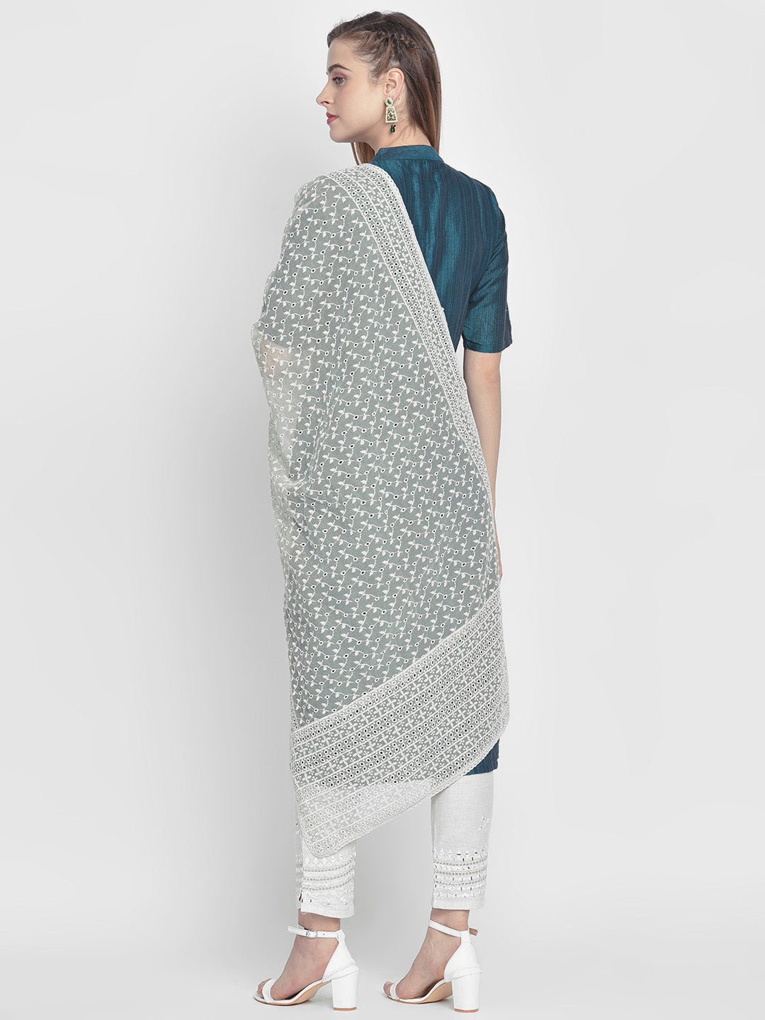 Dupatta Bazaar Woman's Light Green Cotton Dupatta With Embroidery all over. - Dupatta Bazaar