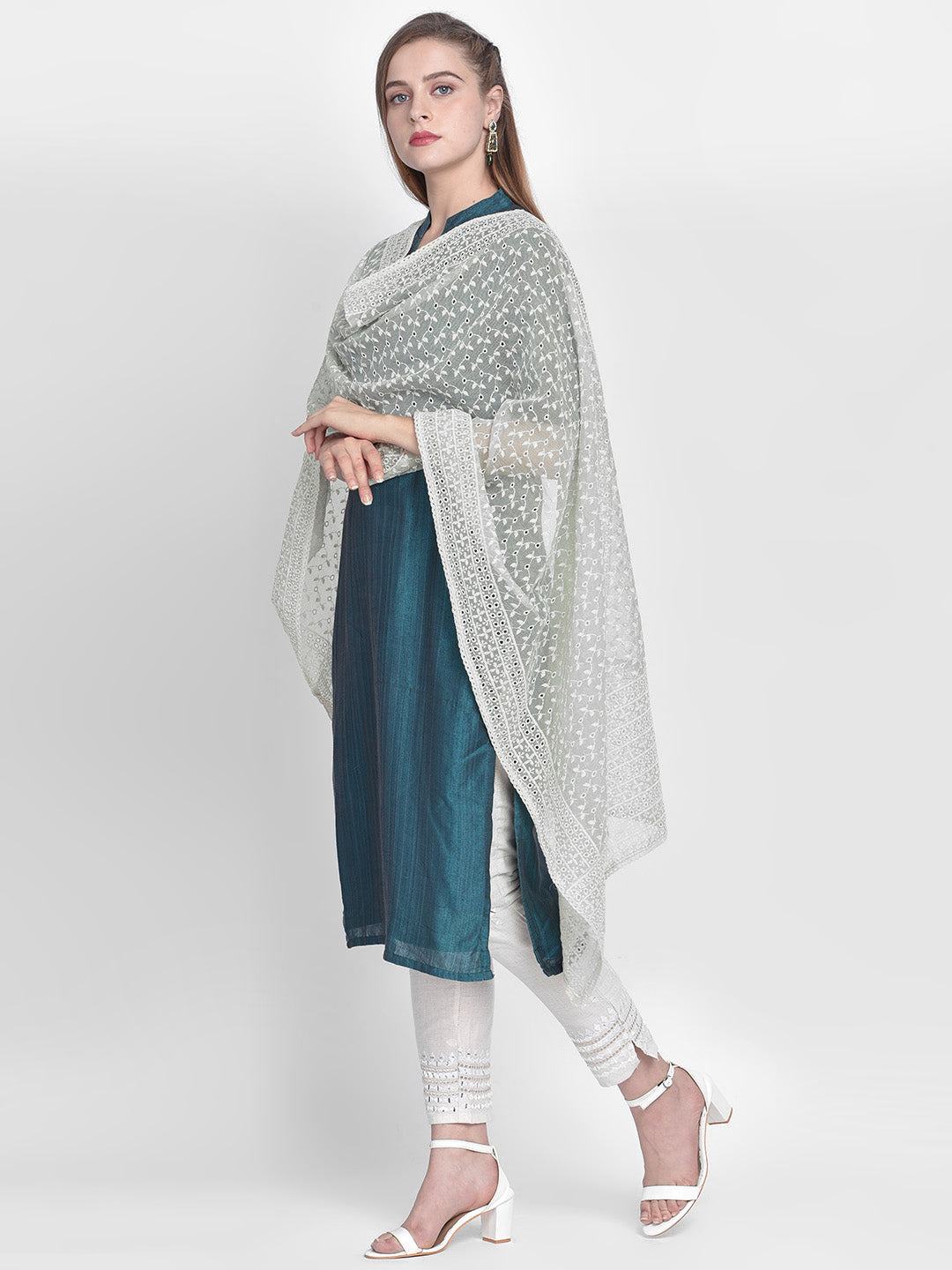 Dupatta Bazaar Woman's Light Green Cotton Dupatta With Embroidery all over. - Dupatta Bazaar