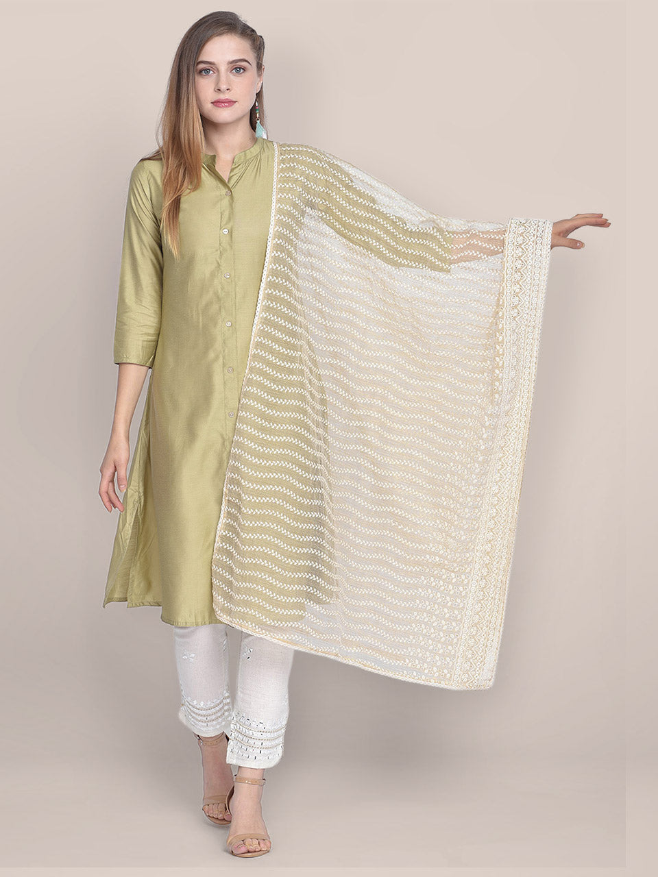 Dupatta Bazaar Woman's Off White Cotton Dupatta With Embroidery all over. freeshipping - Dupatta Bazaar