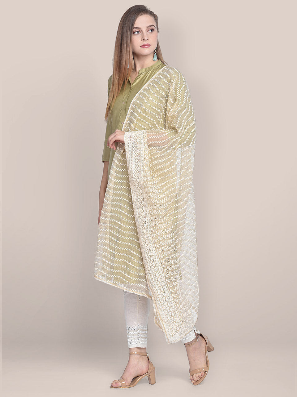 Dupatta Bazaar Woman's Off White Cotton Dupatta With Embroidery all over. freeshipping - Dupatta Bazaar