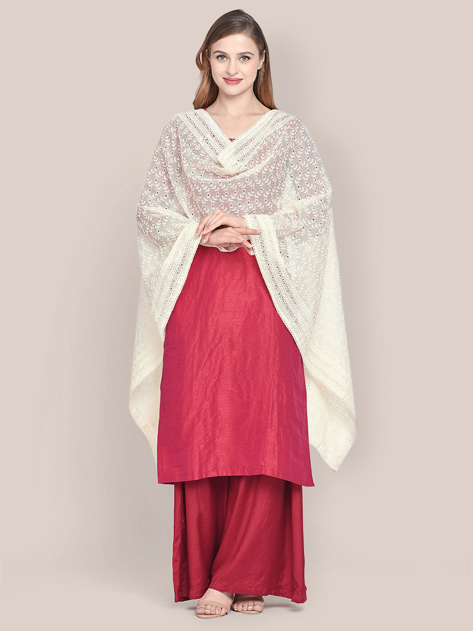 Off White Cotton Dupatta With Embroidery All Over freeshipping - Dupatta Bazaar