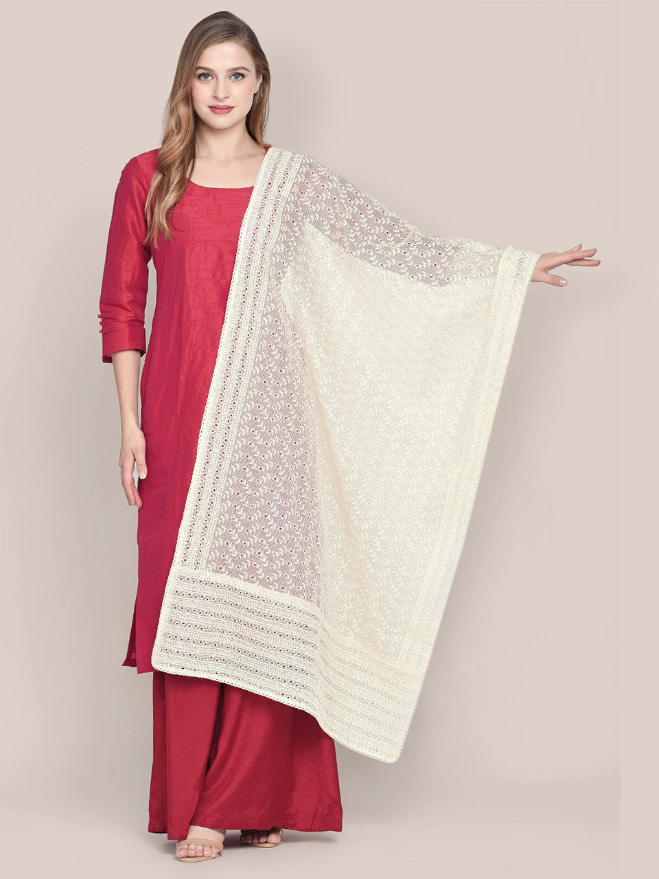 Off White Cotton Dupatta With Embroidery All Over freeshipping - Dupatta Bazaar
