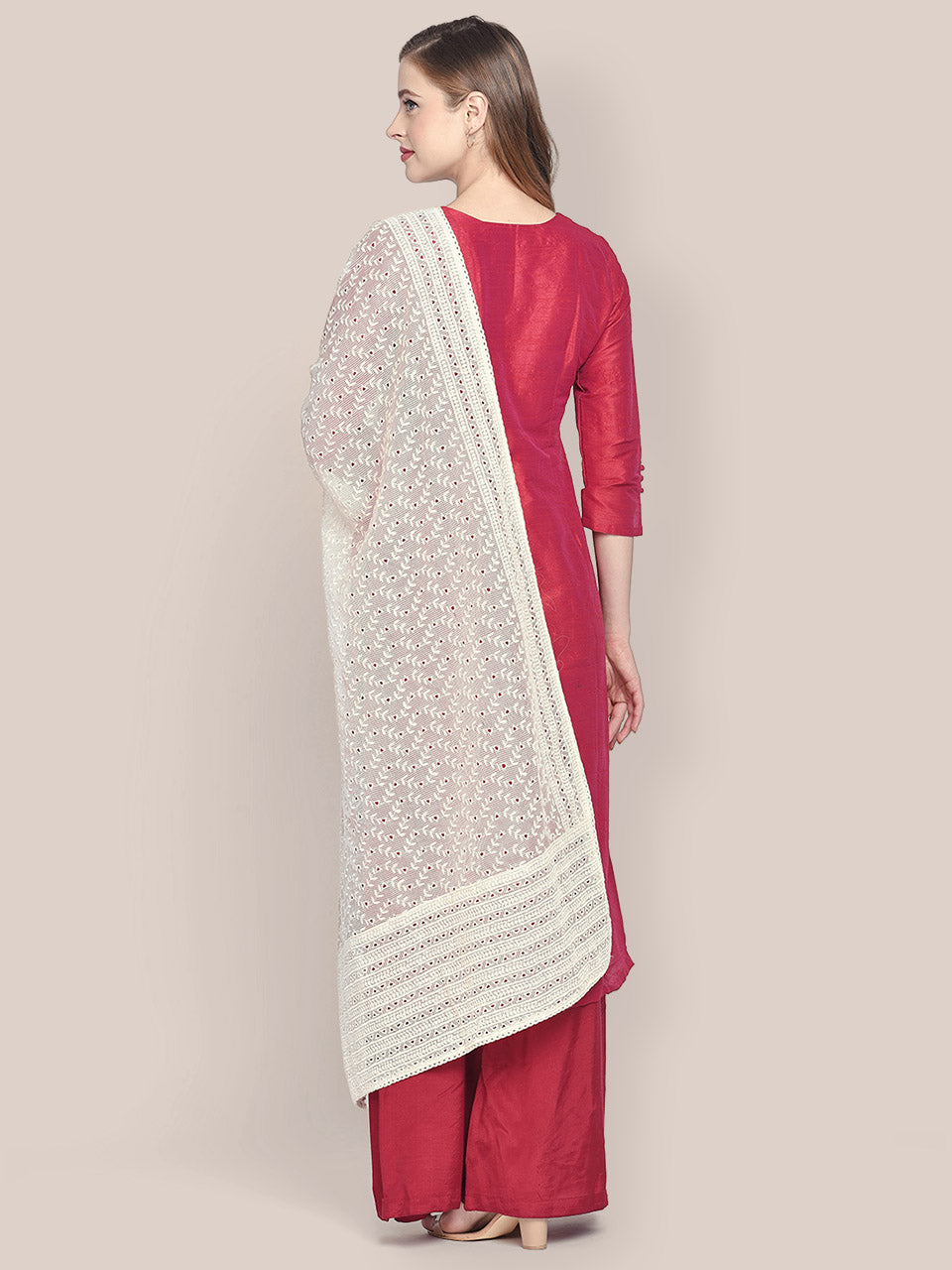 Off White Cotton Dupatta With Embroidery All Over freeshipping - Dupatta Bazaar