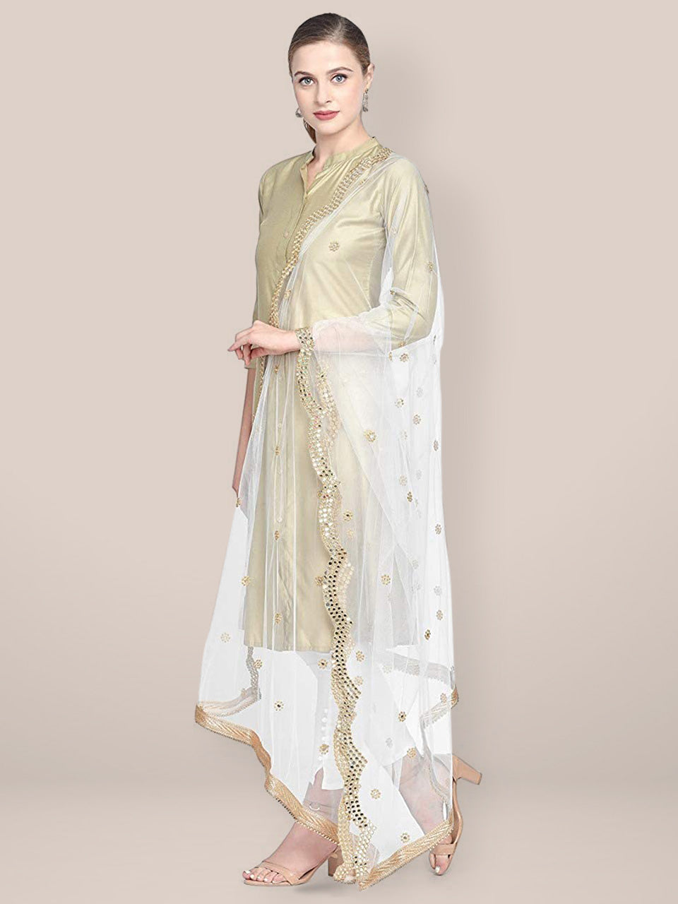 Embellished White Net Dupatta with Scallops. freeshipping - Dupatta Bazaar