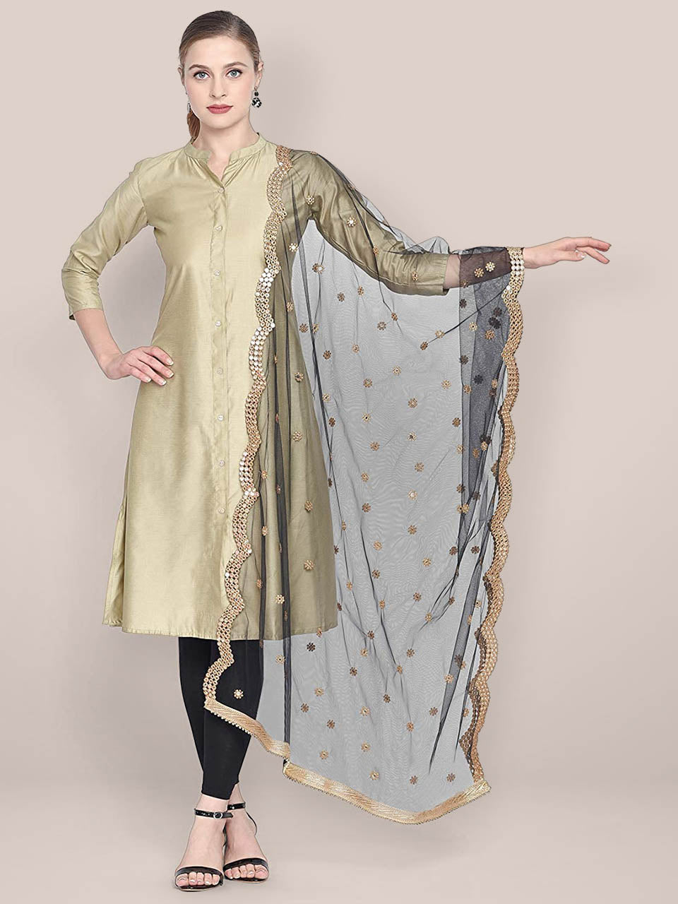 Embellished Black Net Dupatta with Scallops. freeshipping - Dupatta Bazaar