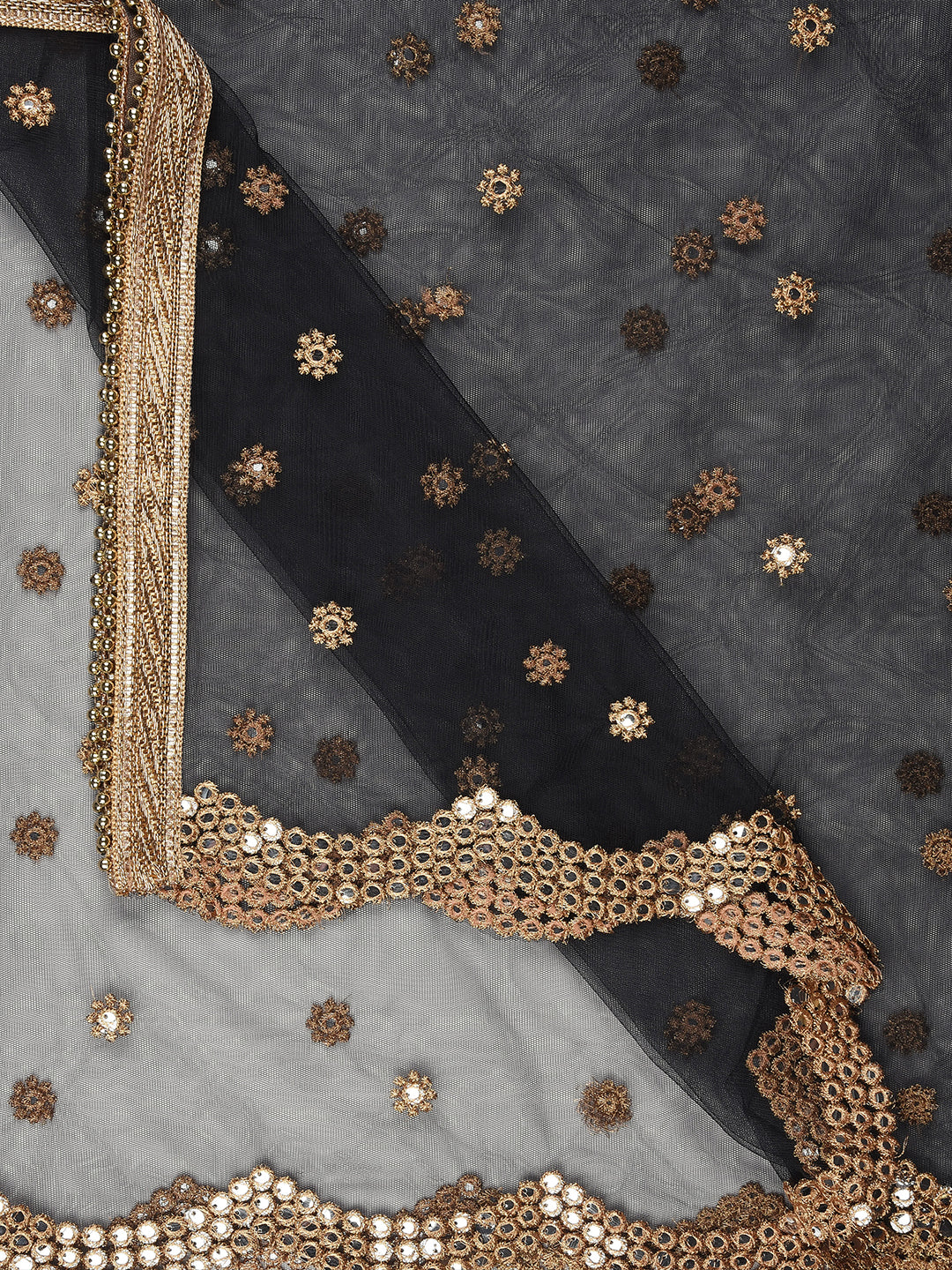Dupatta Bazaar Woman's Embellished Black Net Dupatta with Scallops. - Dupatta Bazaar