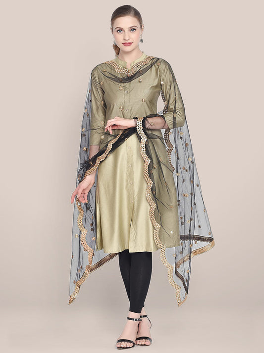 Embellished Black Net Dupatta with Scallops. freeshipping - Dupatta Bazaar