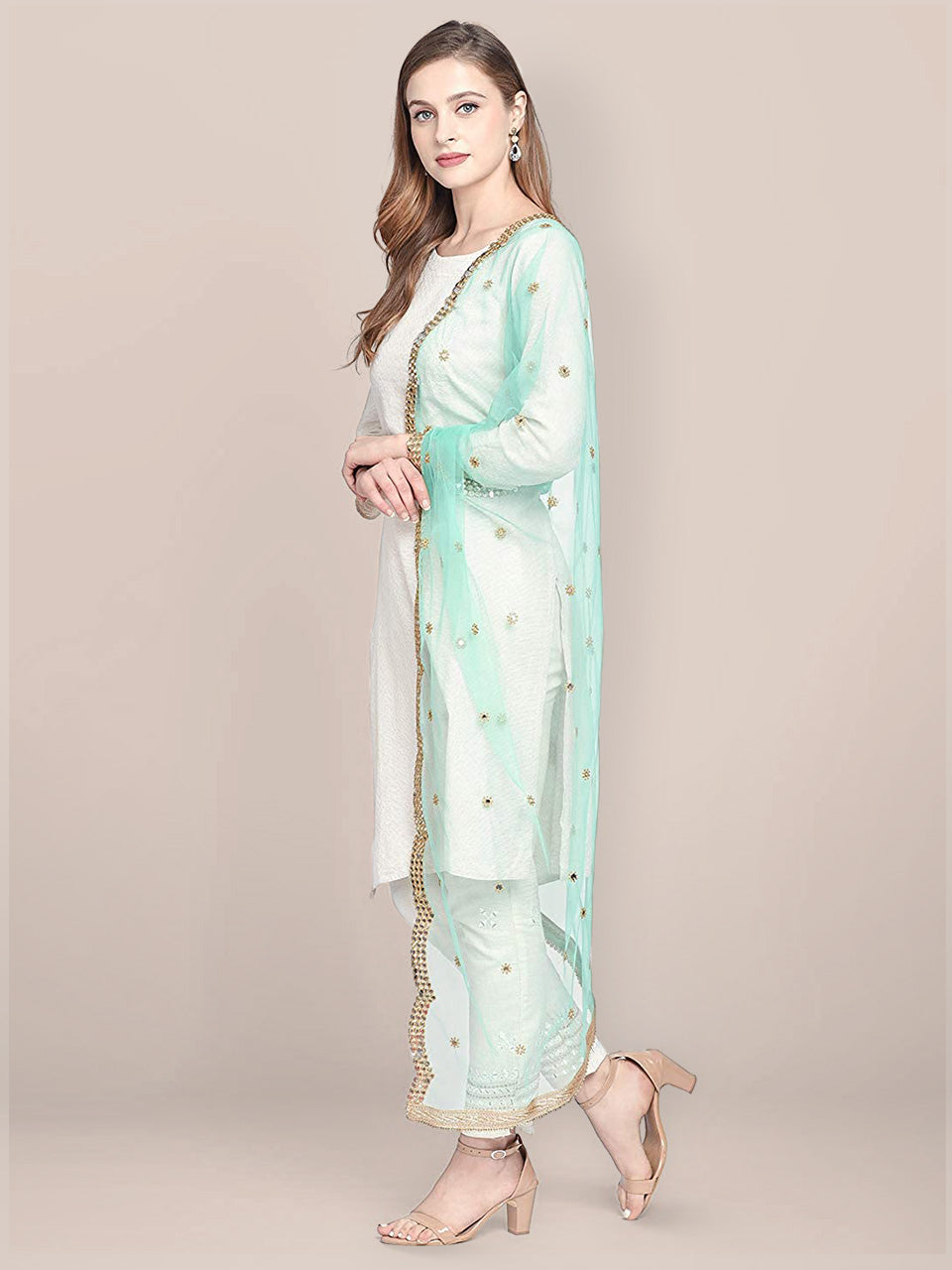 Embellished Sea Green Net Dupatta with Scallops. freeshipping - Dupatta Bazaar