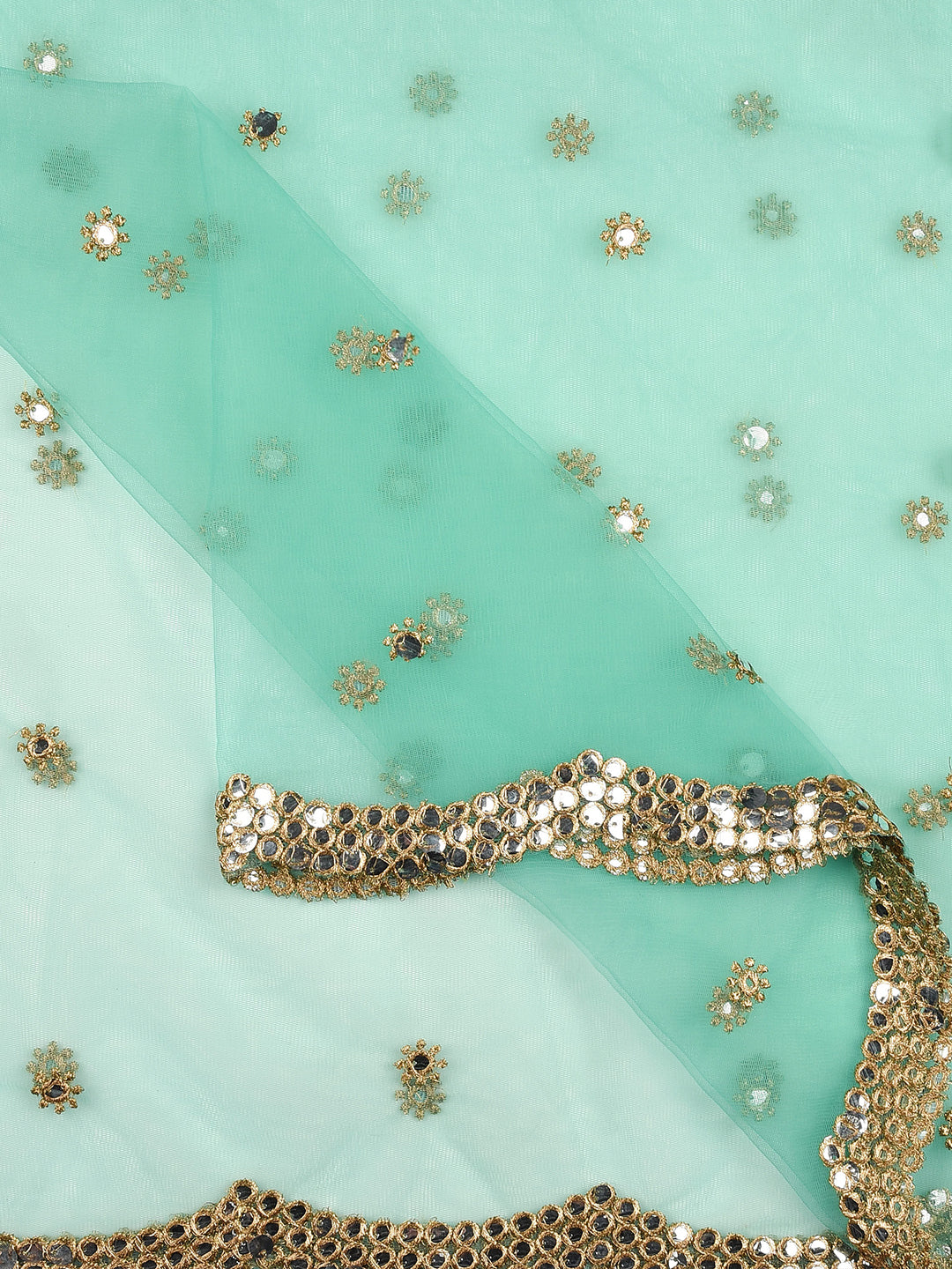 Dupatta Bazaar Woman's Embellished Sea Green Net Dupatta with Scallops. - Dupatta Bazaar