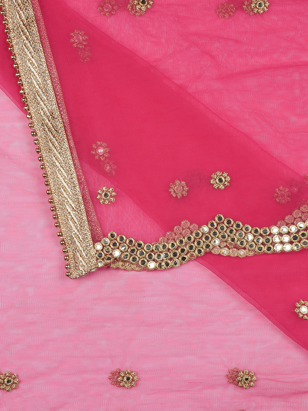 Dupatta Bazaar Woman's Embellished Pink Net Dupatta with Scallops. - Dupatta Bazaar