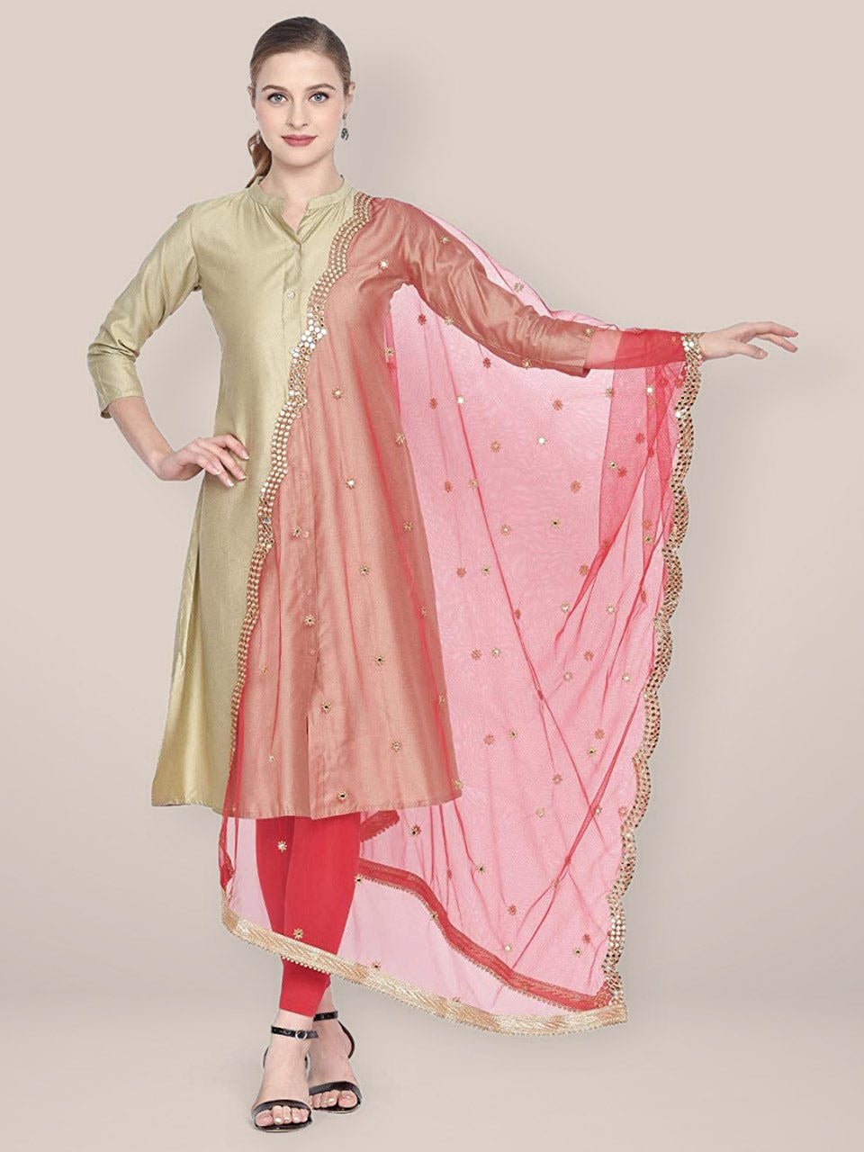 Embellished Red Net Dupatta with Scallops. freeshipping - Dupatta Bazaar