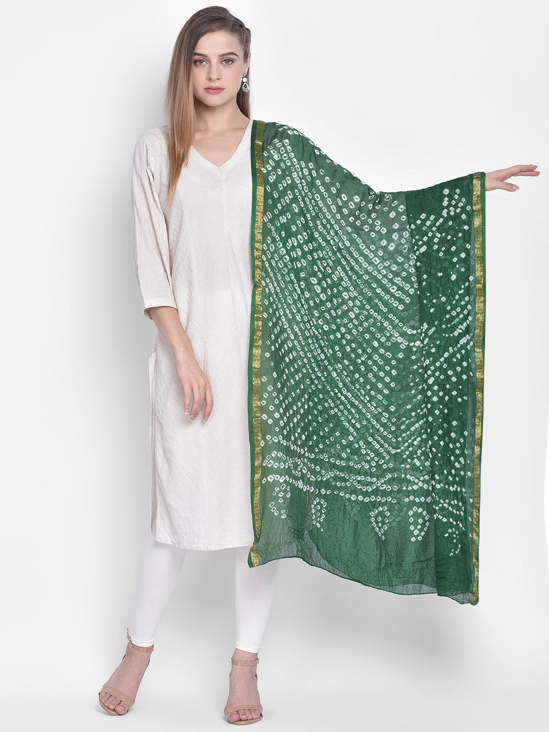 Dupatta Bazaar Woman's Green Bandhini Silk Dupatta - Dupatta Bazaar