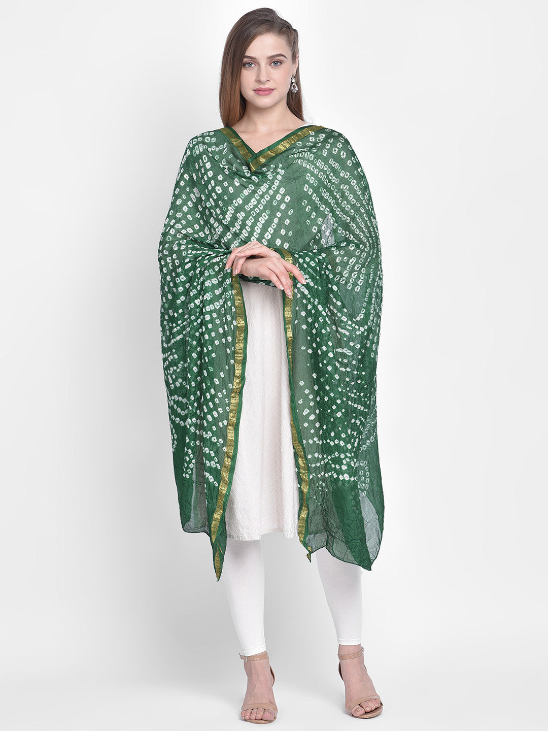 Dupatta Bazaar Woman's Green Bandhini Silk Dupatta - Dupatta Bazaar