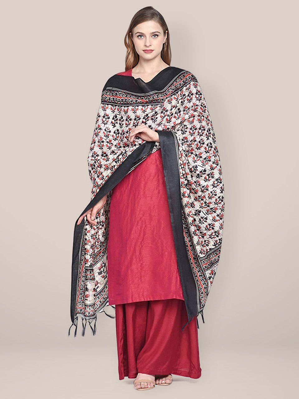 Printed Black & Red Art Silk Dupatta freeshipping - Dupatta Bazaar