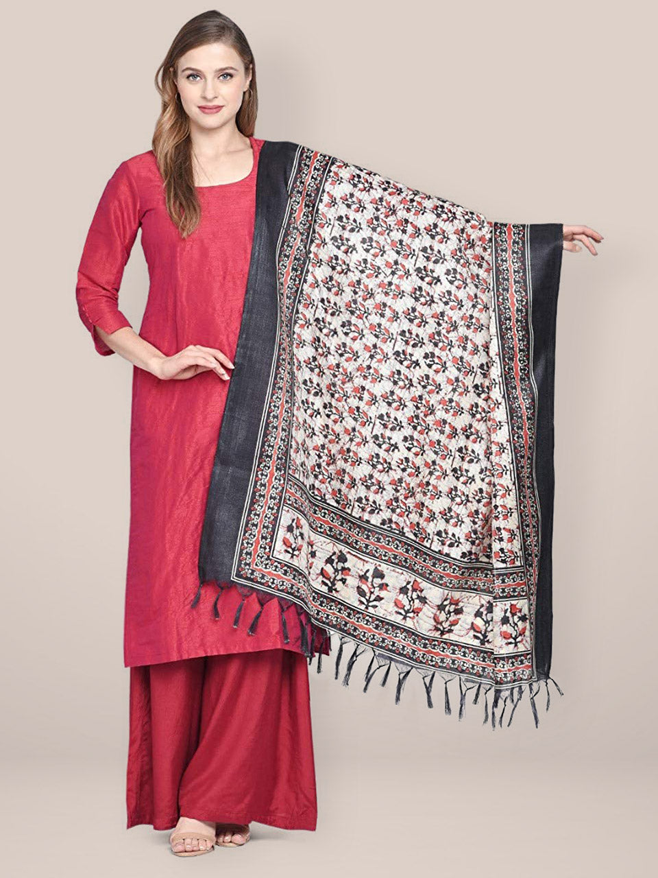Printed Black & Red Art Silk Dupatta freeshipping - Dupatta Bazaar