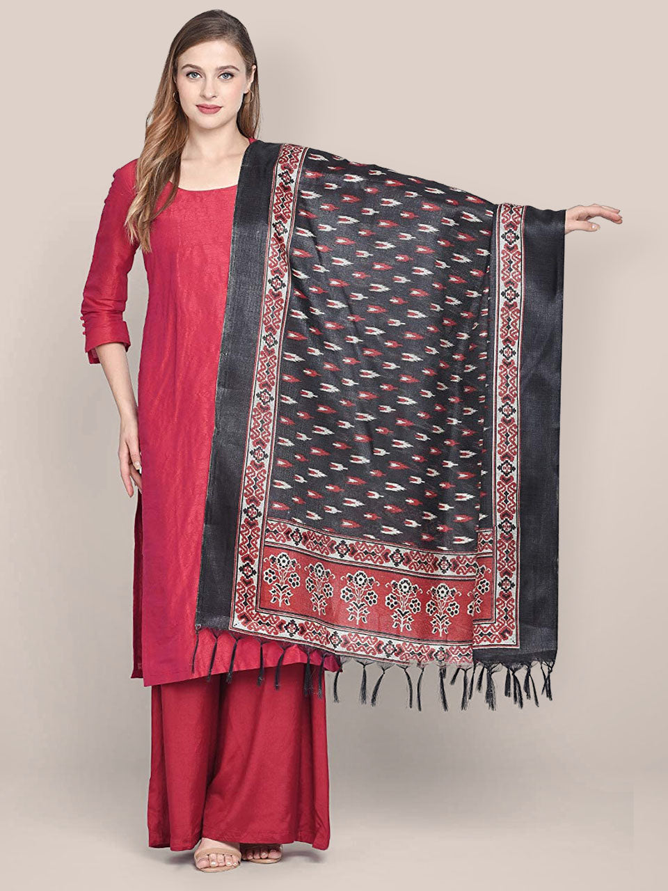 Printed Black & Red Art Silk Dupatta freeshipping - Dupatta Bazaar