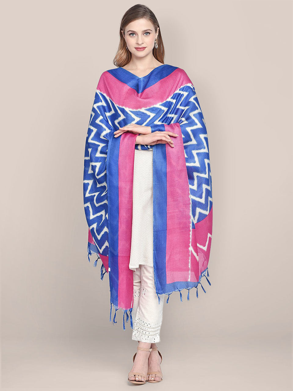 Printed Blue & Pink Art Silk Dupatta freeshipping - Dupatta Bazaar