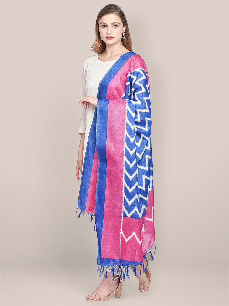 Printed Blue & Pink Art Silk Dupatta freeshipping - Dupatta Bazaar