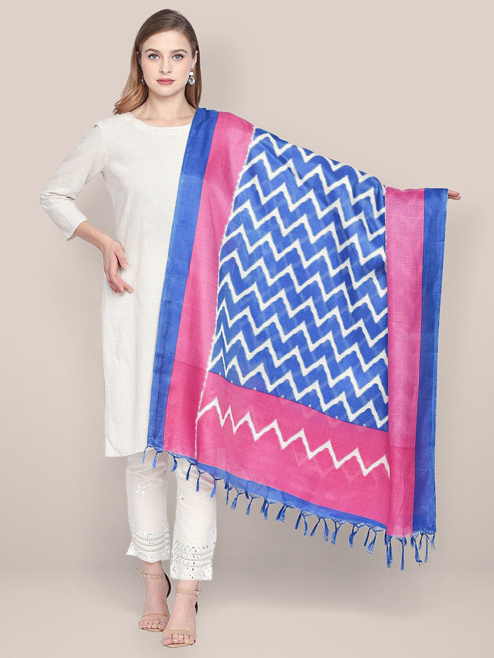 Printed Blue & Pink Art Silk Dupatta freeshipping - Dupatta Bazaar