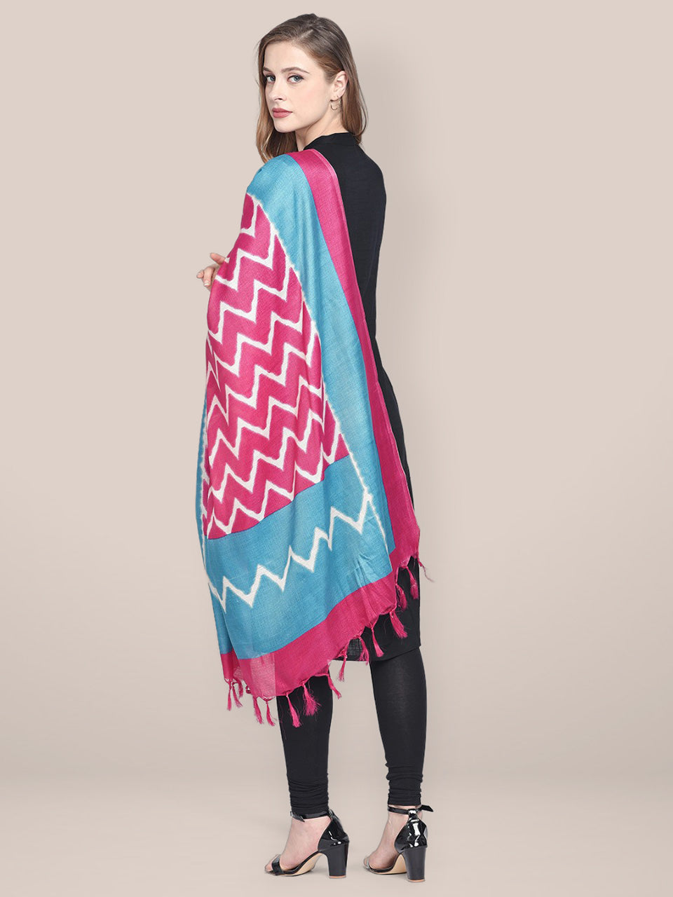 Printed Pink & Blue Art Silk Dupatta freeshipping - Dupatta Bazaar