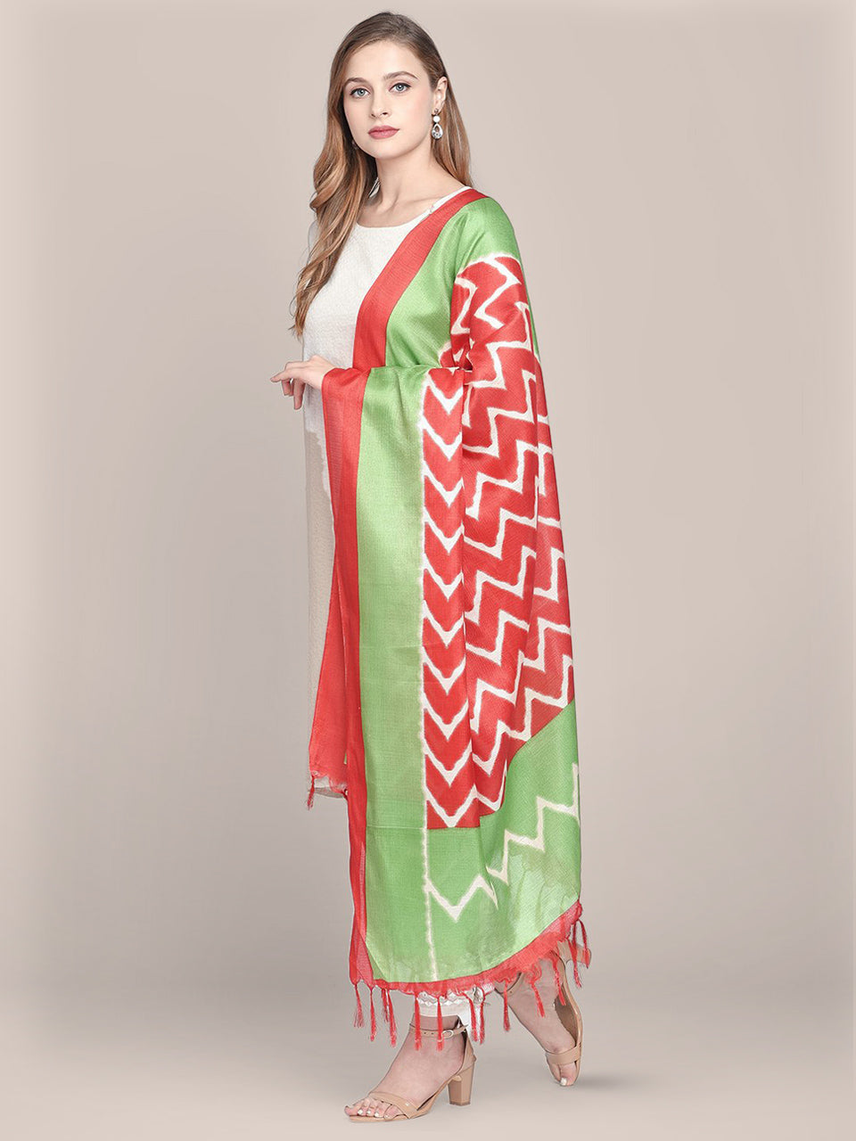 Printed Red & Green Art Silk Dupatta freeshipping - Dupatta Bazaar