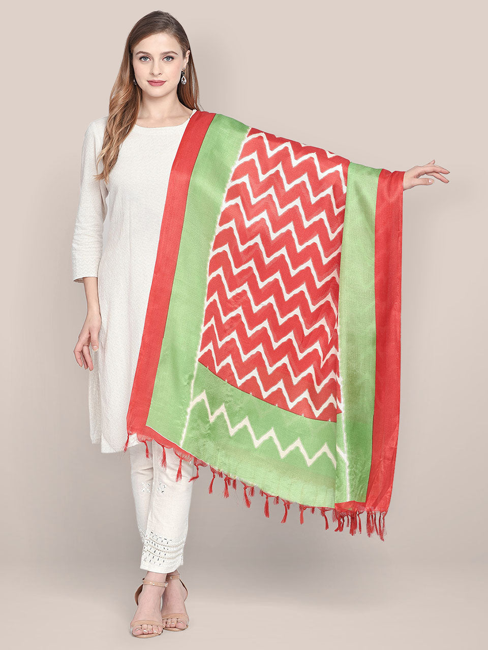 Printed Red & Green Art Silk Dupatta freeshipping - Dupatta Bazaar