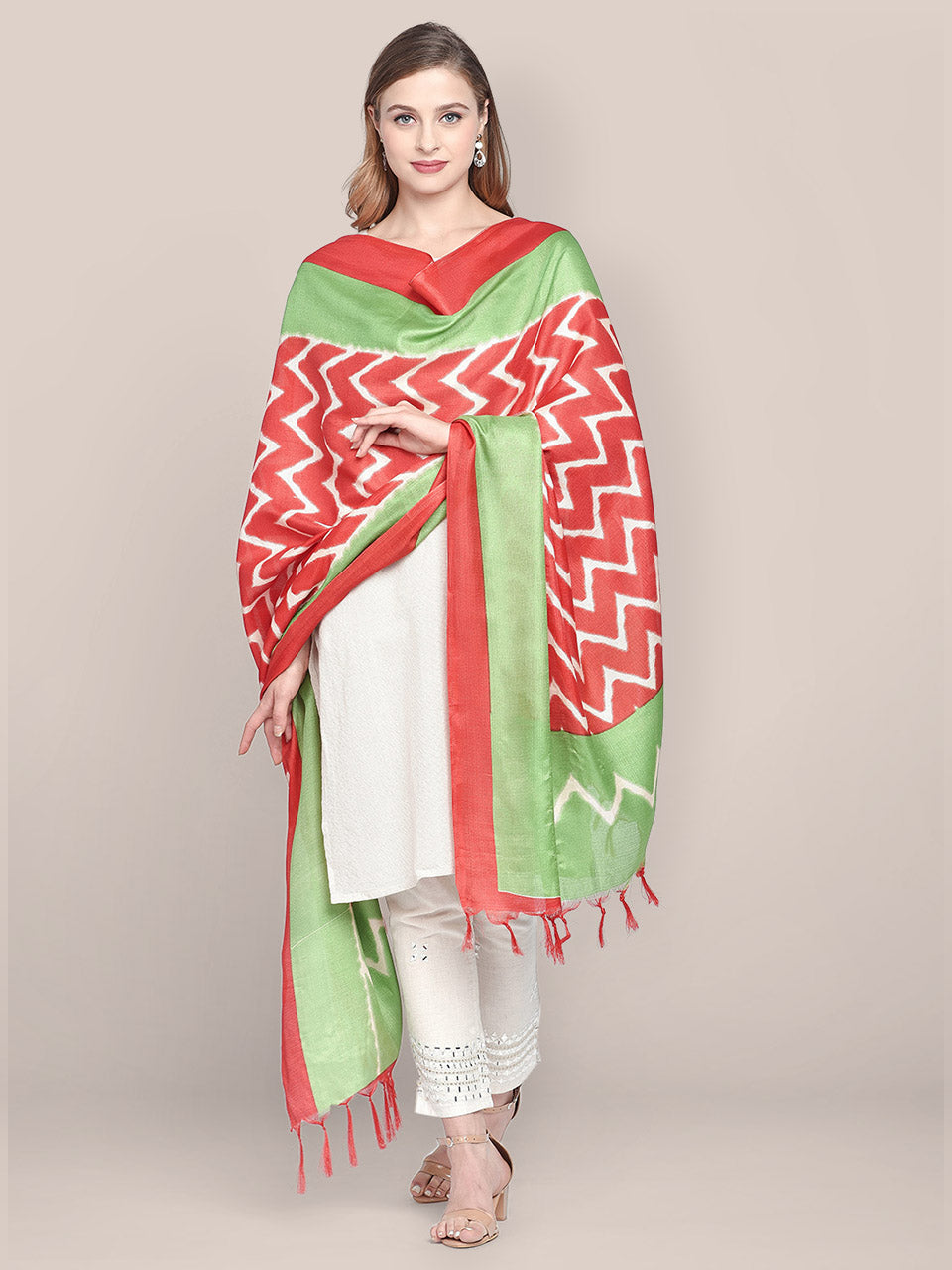 Printed Red & Green Art Silk Dupatta freeshipping - Dupatta Bazaar