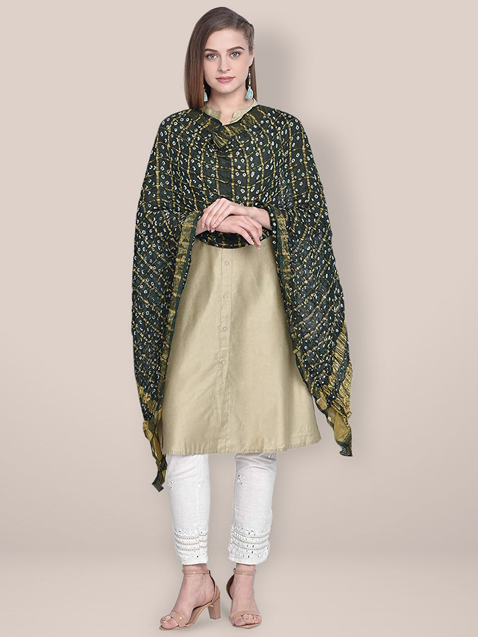 Green  & Gold Bandhini Silk Dupatta freeshipping - Dupatta Bazaar
