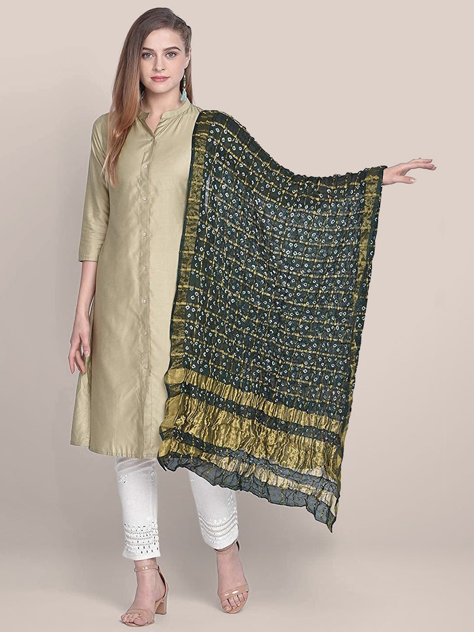 Green  & Gold Bandhini Silk Dupatta freeshipping - Dupatta Bazaar