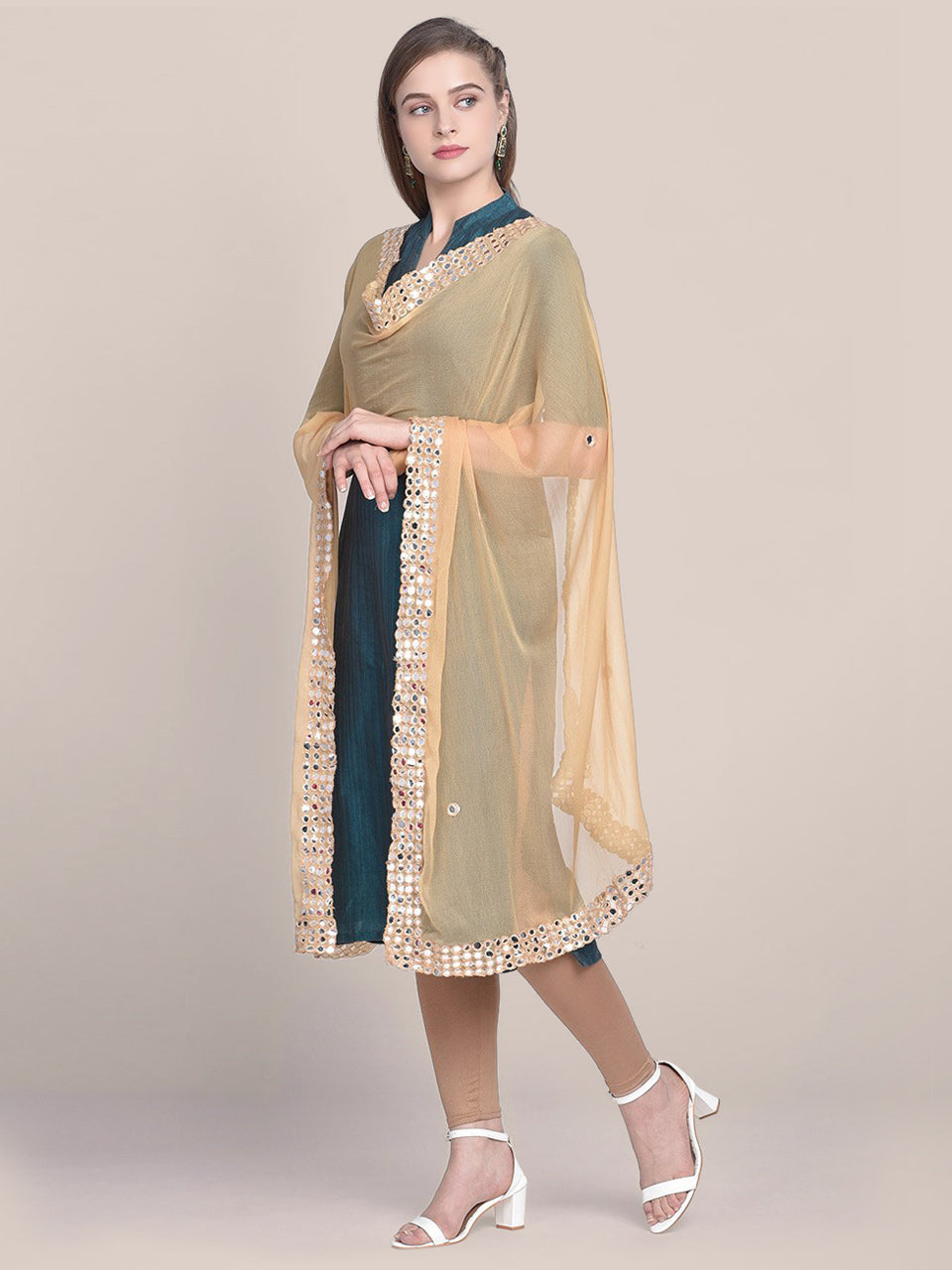 Beige Chiffon Mirror Work Dupatta freeshipping - Dupatta Bazaar
