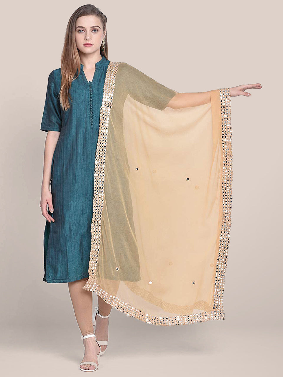 Beige Chiffon Mirror Work Dupatta freeshipping - Dupatta Bazaar