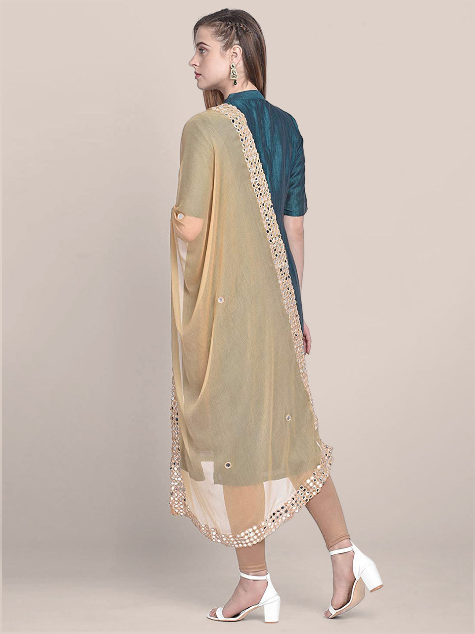 Beige Chiffon Mirror Work Dupatta freeshipping - Dupatta Bazaar