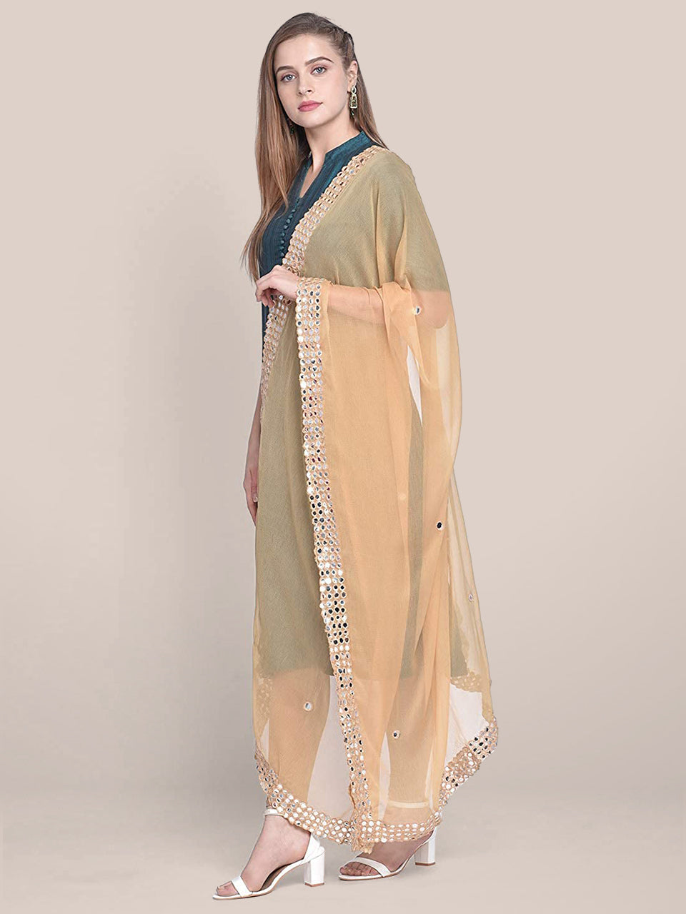 Beige Chiffon Mirror Work Dupatta freeshipping - Dupatta Bazaar