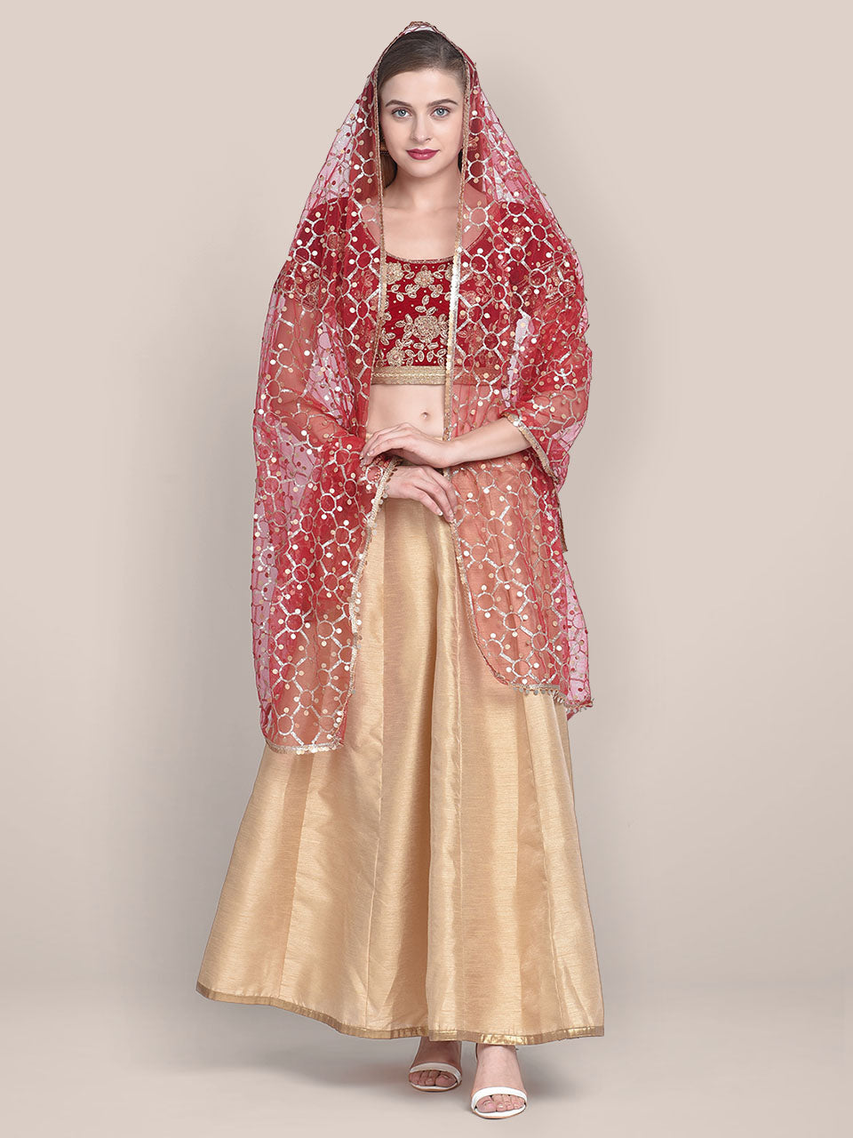 Embellished Red & Gold Net Dupatta freeshipping - Dupatta Bazaar