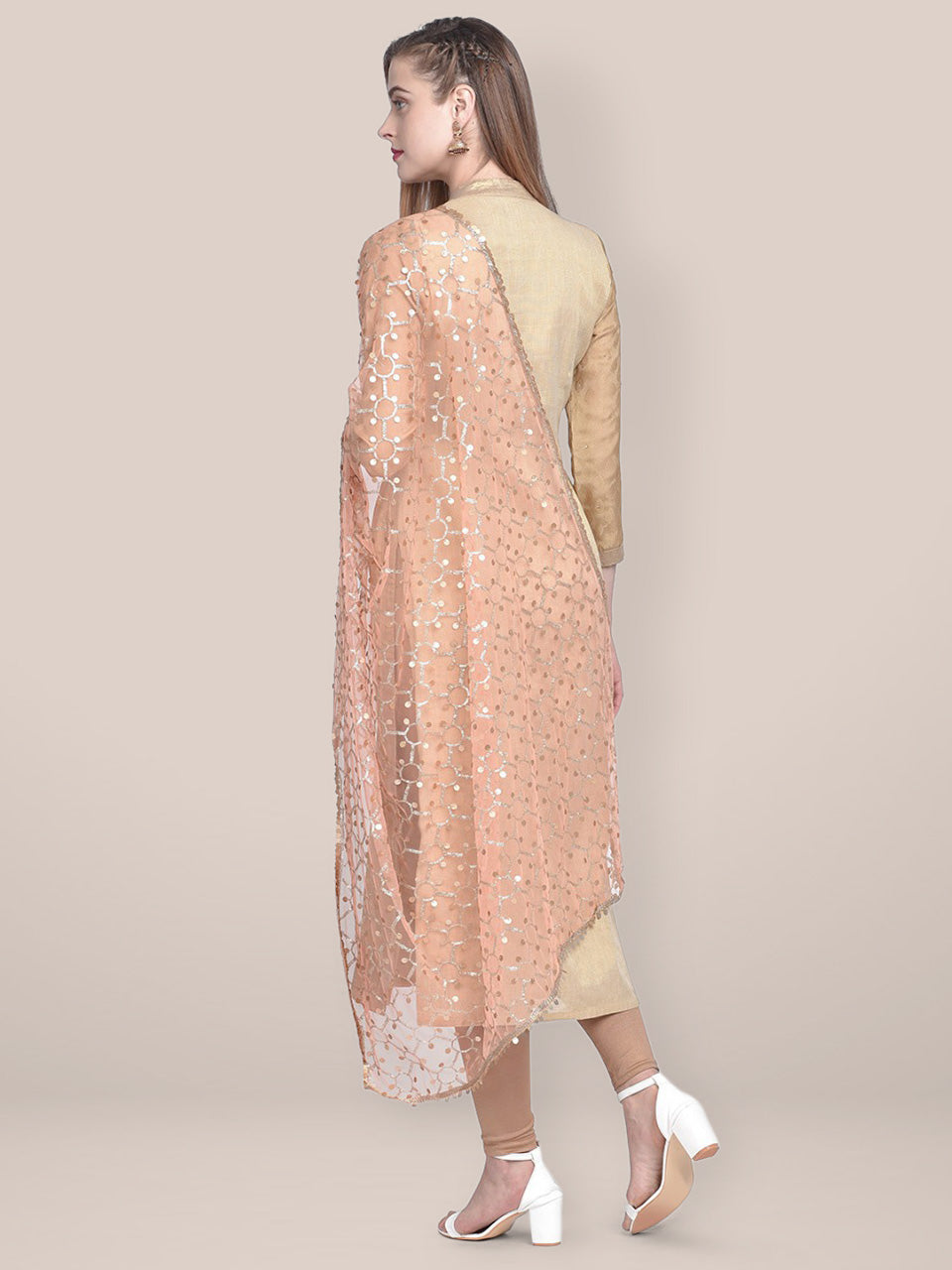 Dupatta Bazaar Woman's Embellished Peach & Gold Net Dupatta freeshipping - Dupatta Bazaar