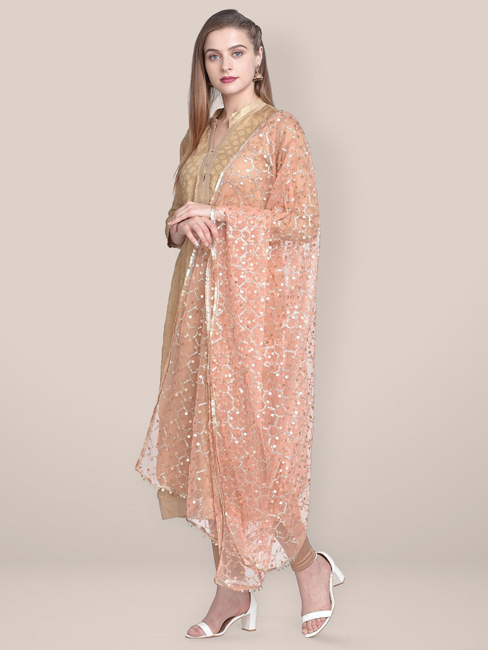 Dupatta Bazaar Woman's Embellished Peach & Gold Net Dupatta freeshipping - Dupatta Bazaar