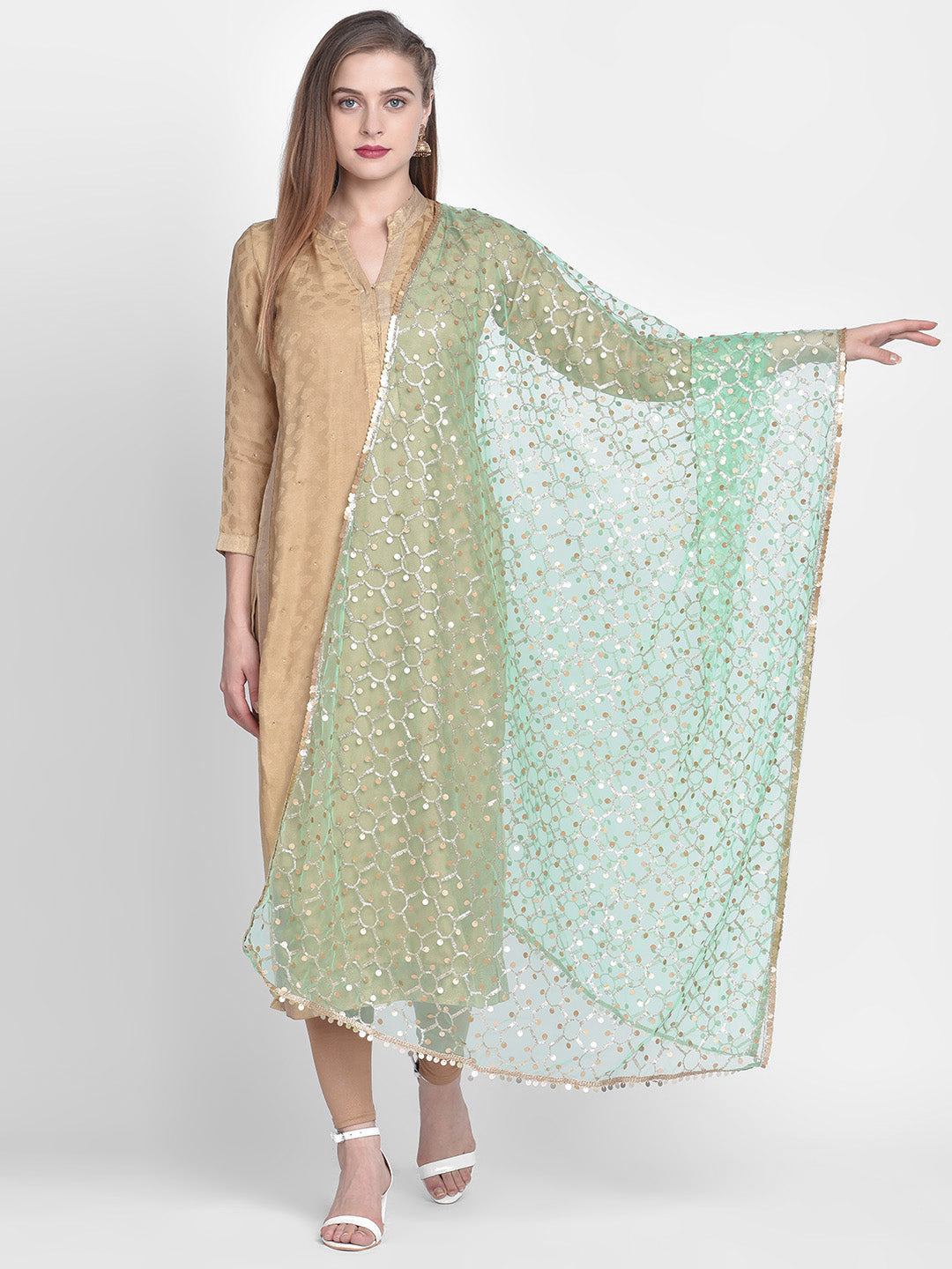 Dupatta Bazaar Woman's Embellished Sea Green & Gold Net Dupatta - Dupatta Bazaar