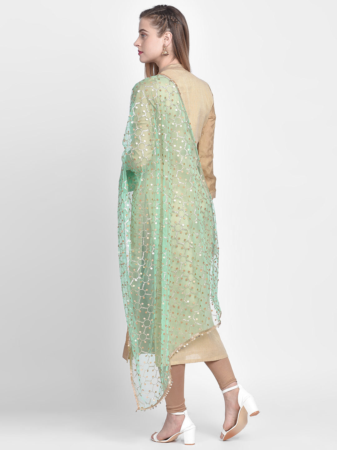 Dupatta Bazaar Woman's Embellished Sea Green & Gold Net Dupatta - Dupatta Bazaar