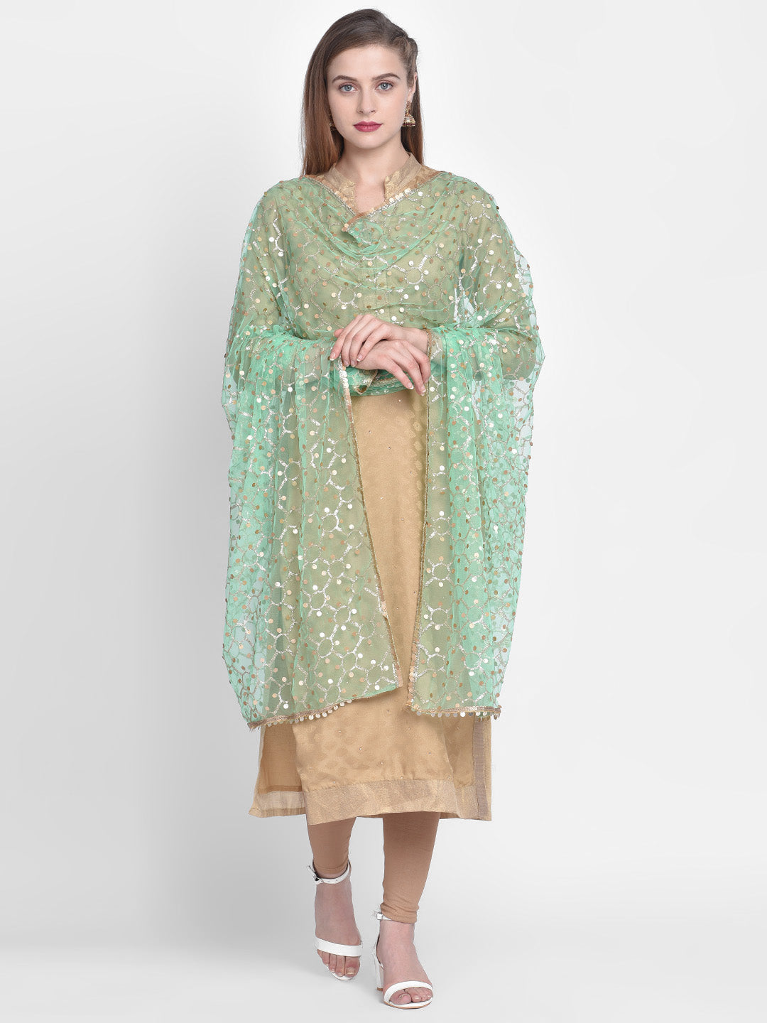 Dupatta Bazaar Woman's Embellished Sea Green & Gold Net Dupatta - Dupatta Bazaar