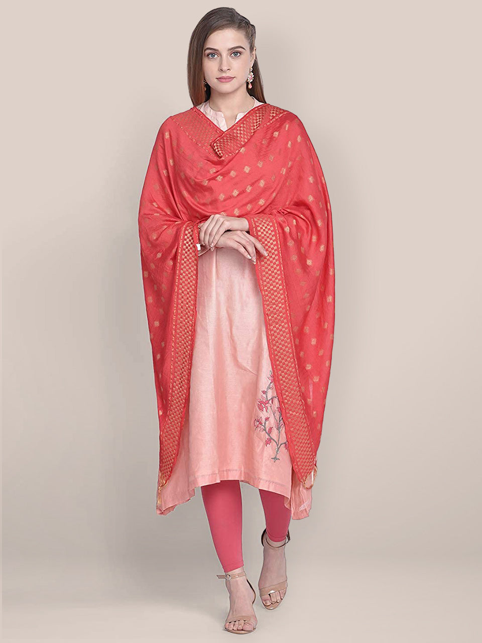 Red Woven Banarasi Cotton Silk Dupatta freeshipping - Dupatta Bazaar